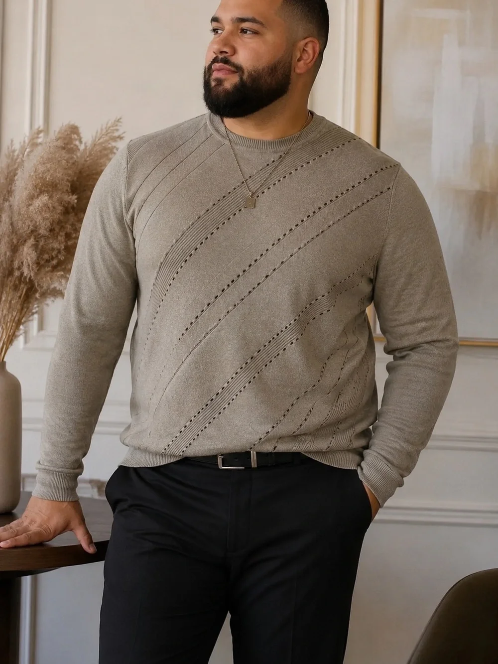 Axcess Men's V-Neck Diagonal Eyelet Sweater - Taupe
